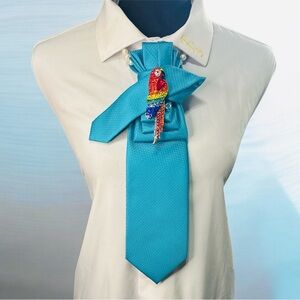 Elegant Teal Necktie with Parrot Brooch